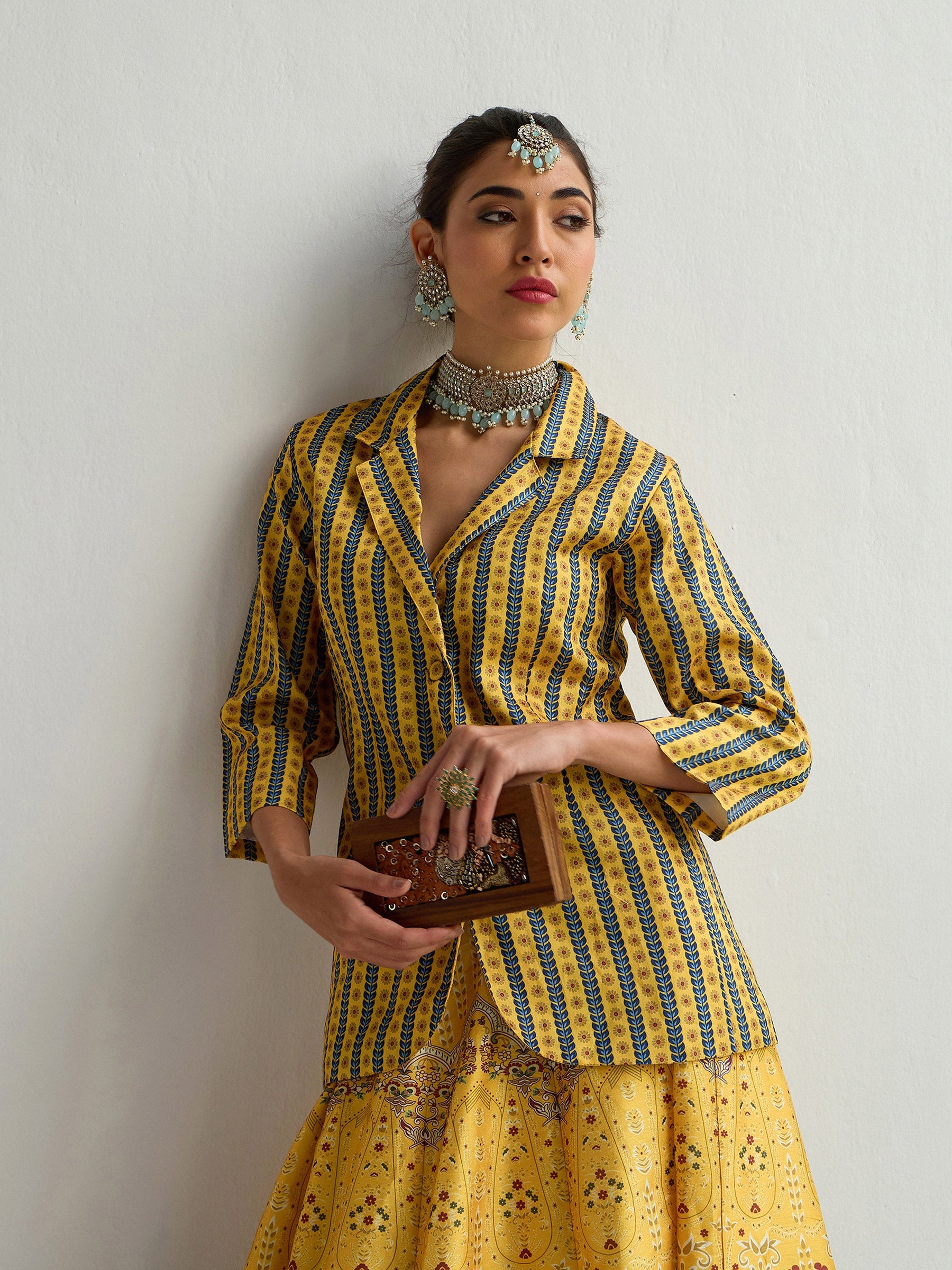 Yellow & Blue Floral Blazer Top With Anarkali Skirt -Shae by SASSAFRAS