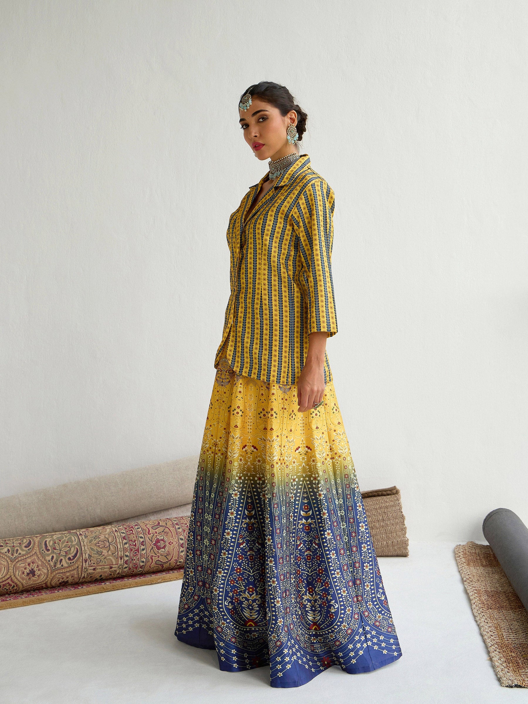 Yellow & Blue Floral Blazer Top With Anarkali Skirt -Shae by SASSAFRAS