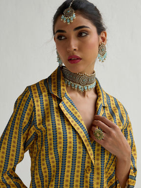 Yellow & Blue Floral Blazer Top With Anarkali Skirt -Shae by SASSAFRAS