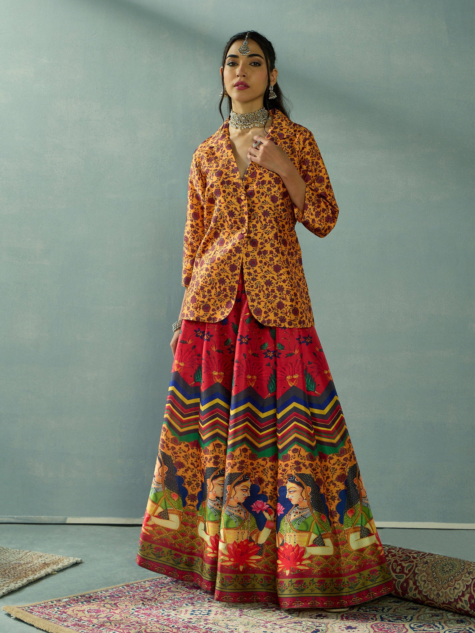 Mustard Multi Floral Blazer Top With Anarkali Skirt -Shae by SASSAFRAS