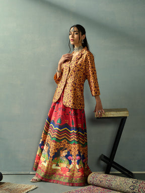 Mustard Multi Floral Blazer Top With Anarkali Skirt -Shae by SASSAFRAS