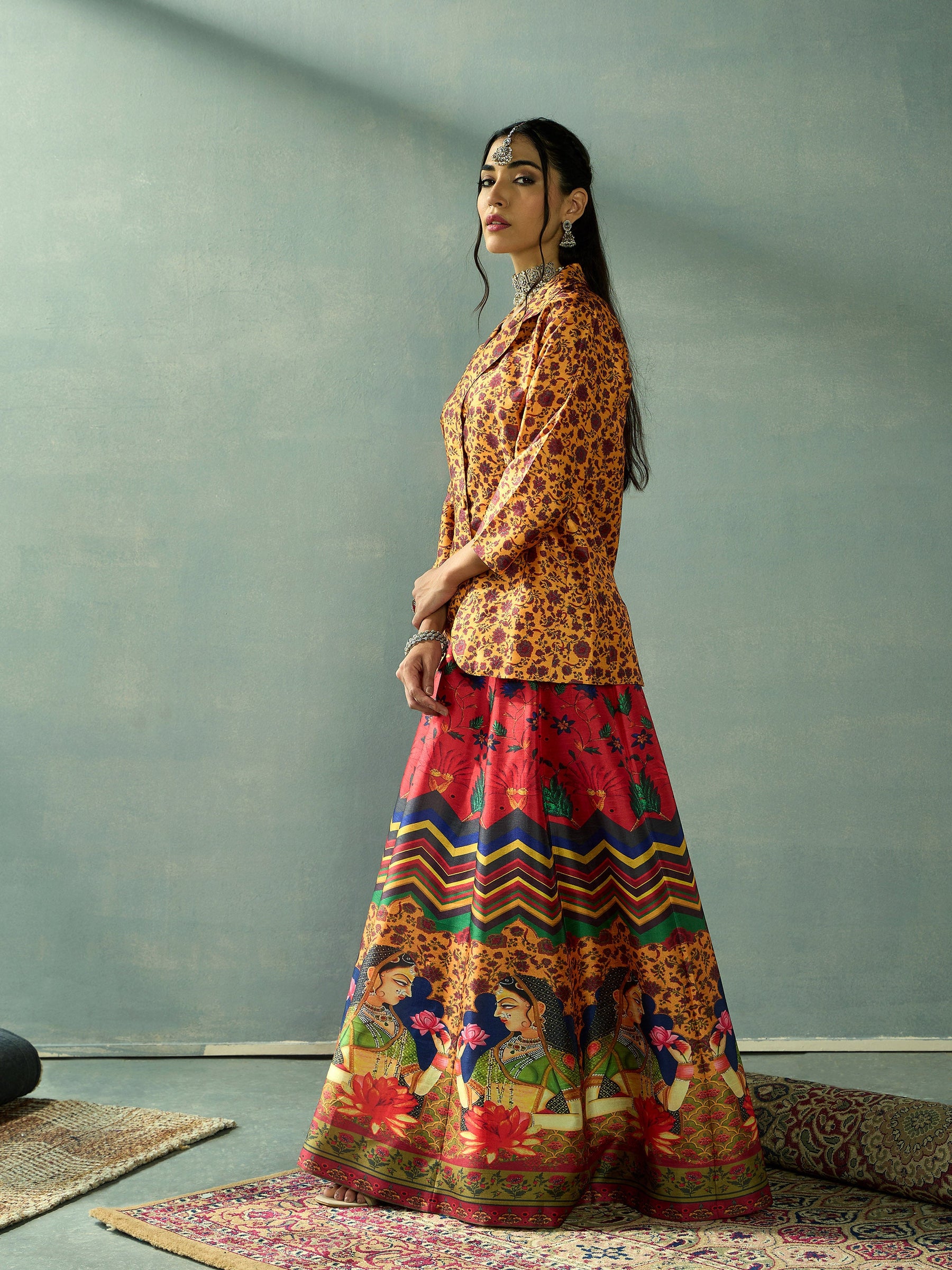 Mustard Multi Floral Blazer Top With Anarkali Skirt -Shae by SASSAFRAS