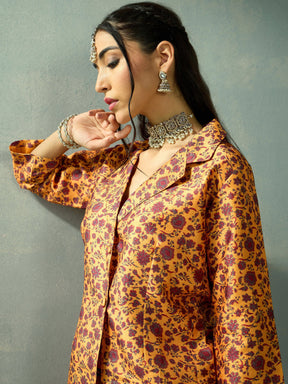 Mustard Multi Floral Blazer Top With Anarkali Skirt -Shae by SASSAFRAS