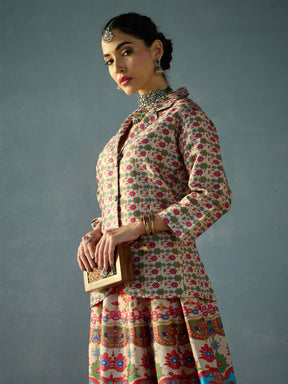 Beige Multi Floral Blazer Top With Anarkali Skirt -Shae by SASSAFRAS