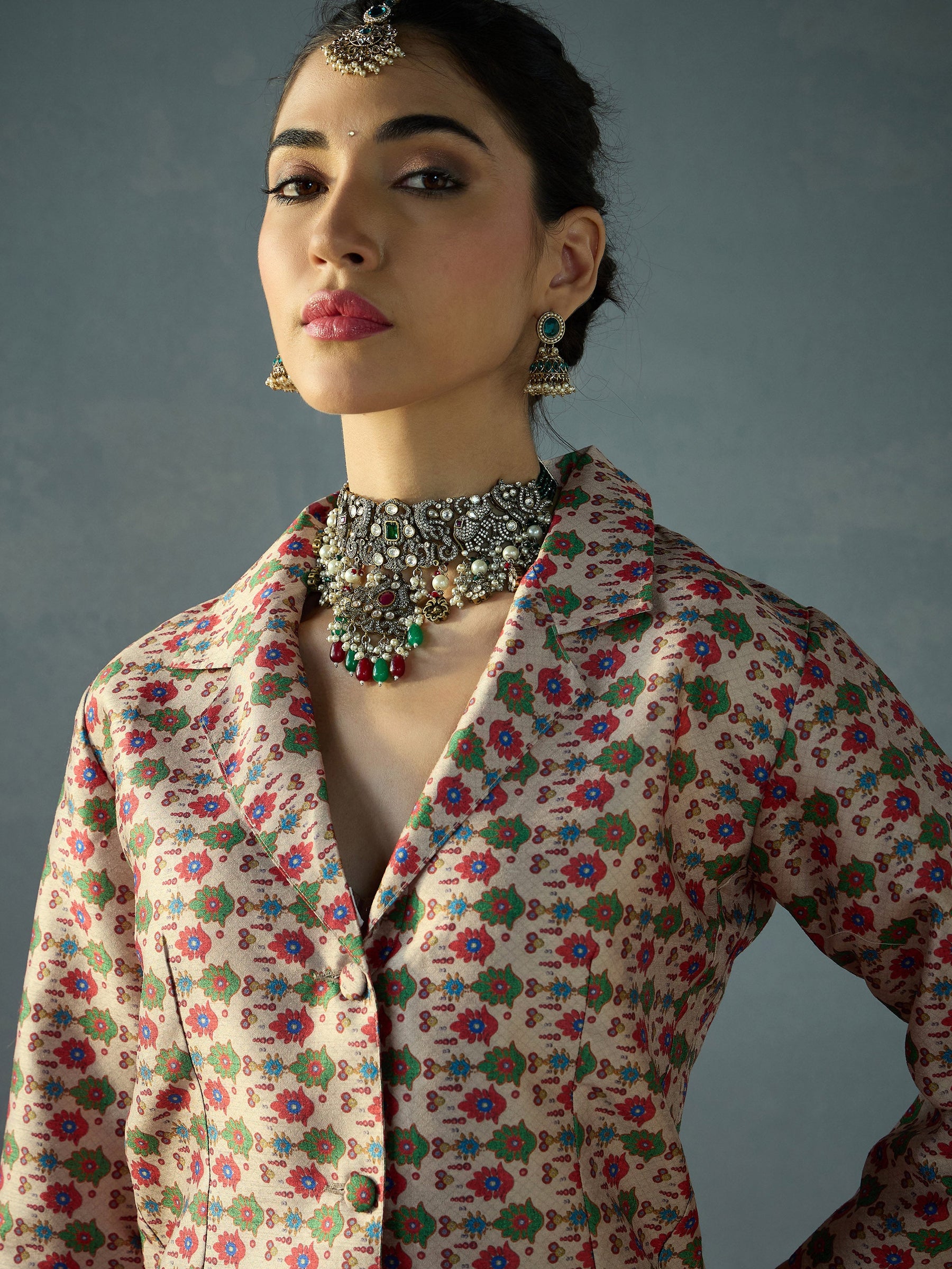 Beige Multi Floral Blazer Top With Anarkali Skirt -Shae by SASSAFRAS