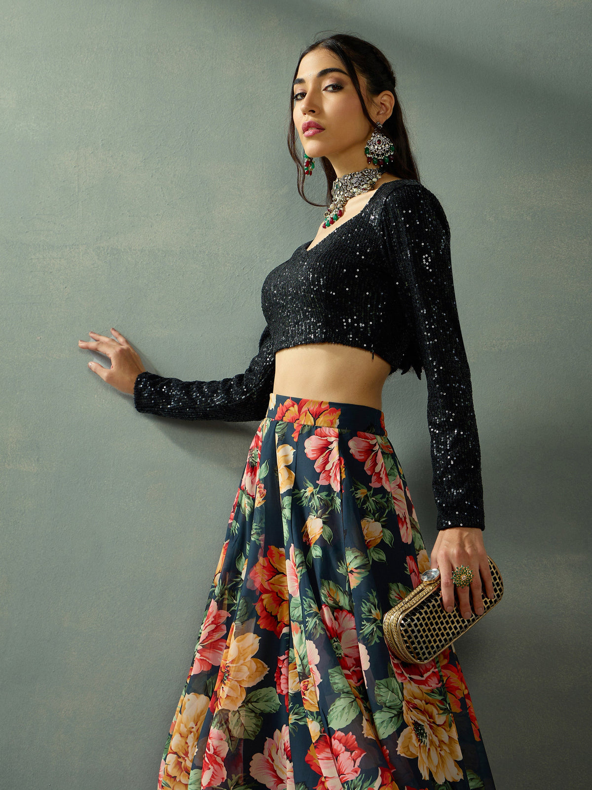 Black Sequence Blouse With Anarkali Skirt-Shae by SASSAFRAS