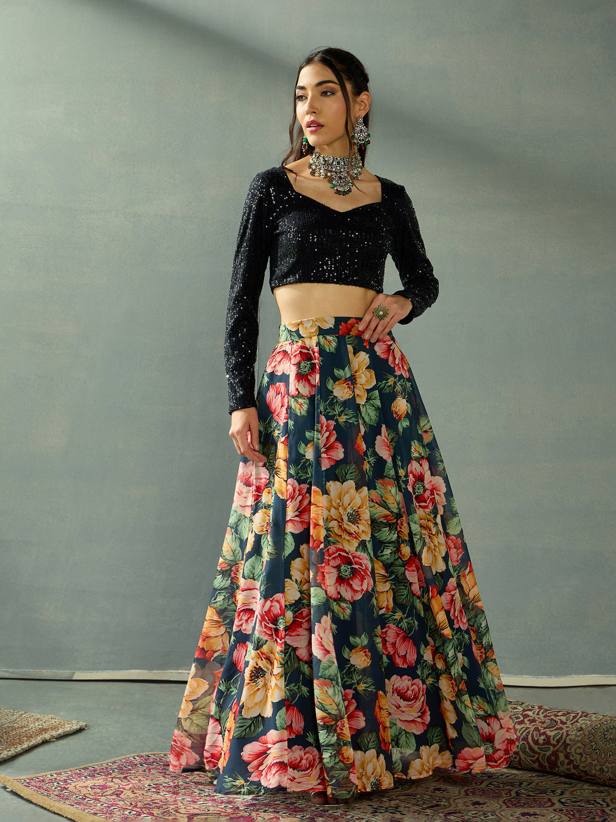 Black Sequence Blouse With Anarkali Skirt-Shae by SASSAFRAS