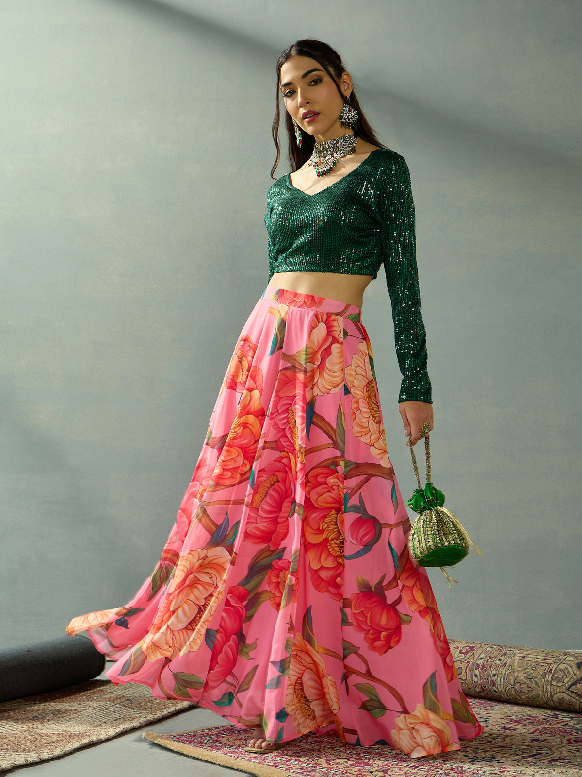 Green Sequence Blouse With Anarkali Skirt-Shae by SASSAFRAS