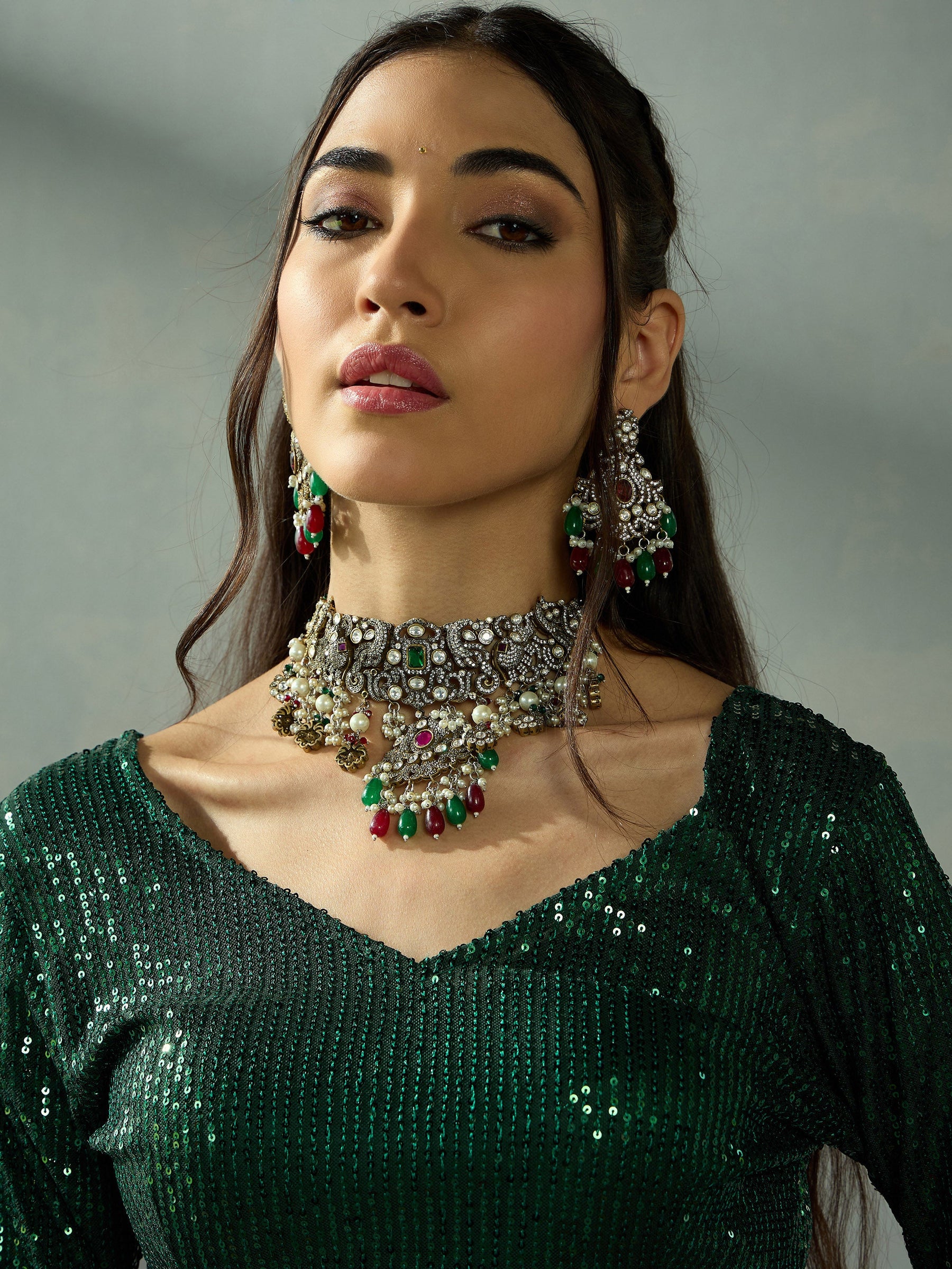 Green Sequence Blouse With Anarkali Skirt-Shae by SASSAFRAS