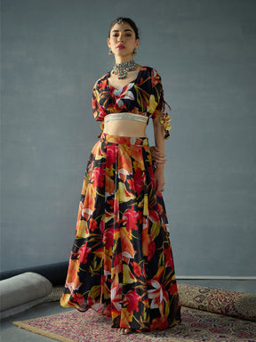 Black Floral Ruching Crop Top With Anarkali Skirt -Shae by SASSAFRAS