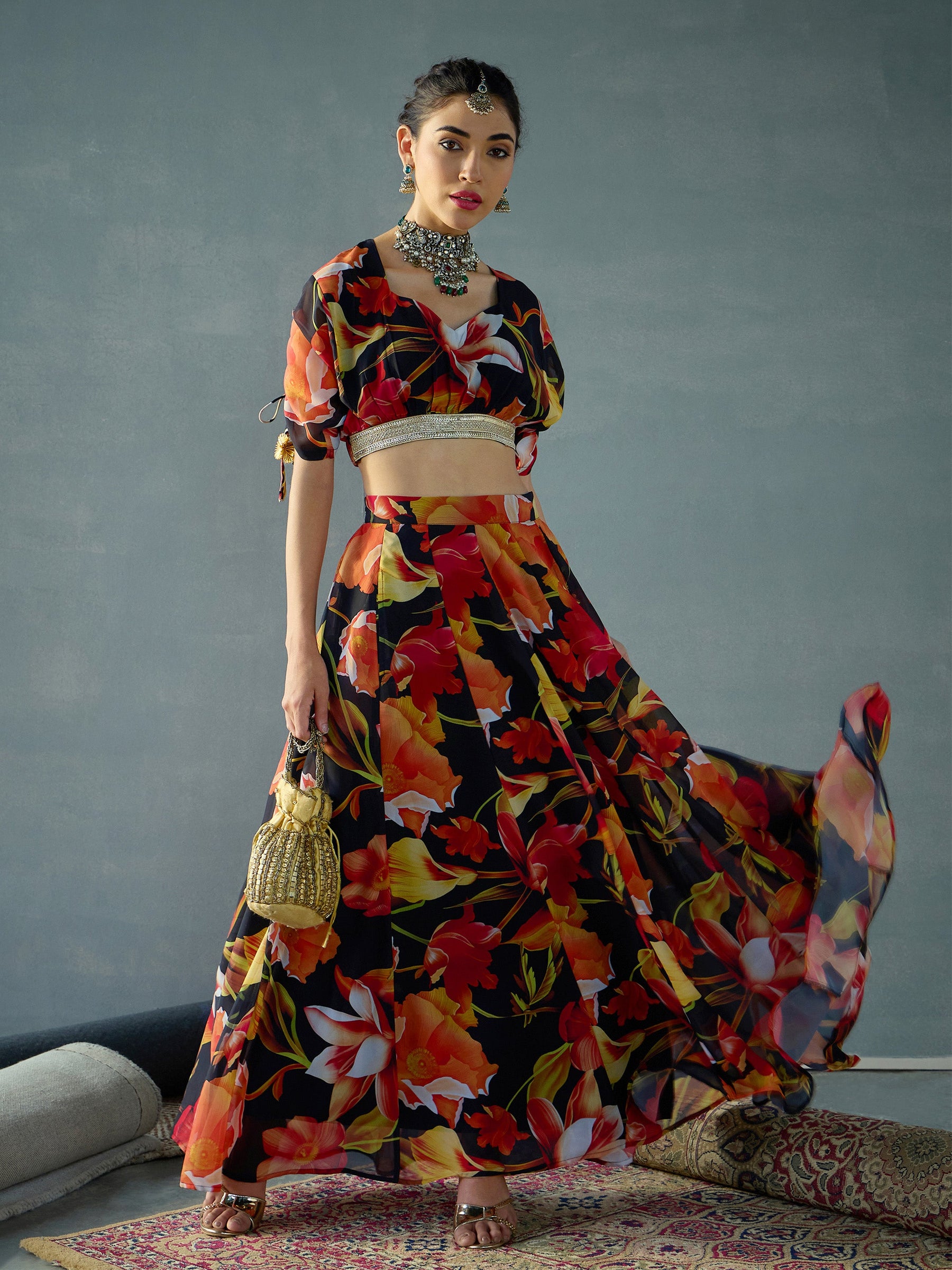 Black Floral Ruching Crop Top With Anarkali Skirt -Shae by SASSAFRAS