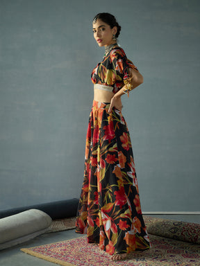 Black Floral Ruching Crop Top With Anarkali Skirt -Shae by SASSAFRAS