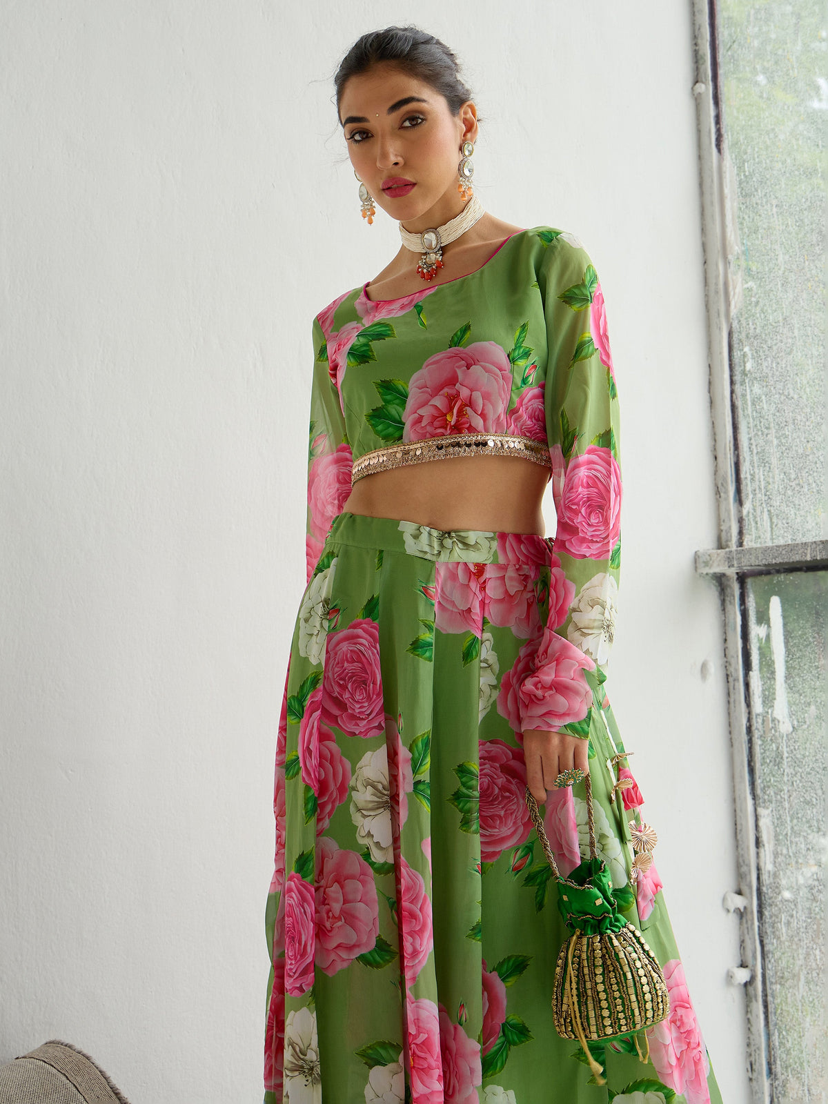 Green Floral Crop Top With Anarkali Skirt -Shae by SASSAFRAS