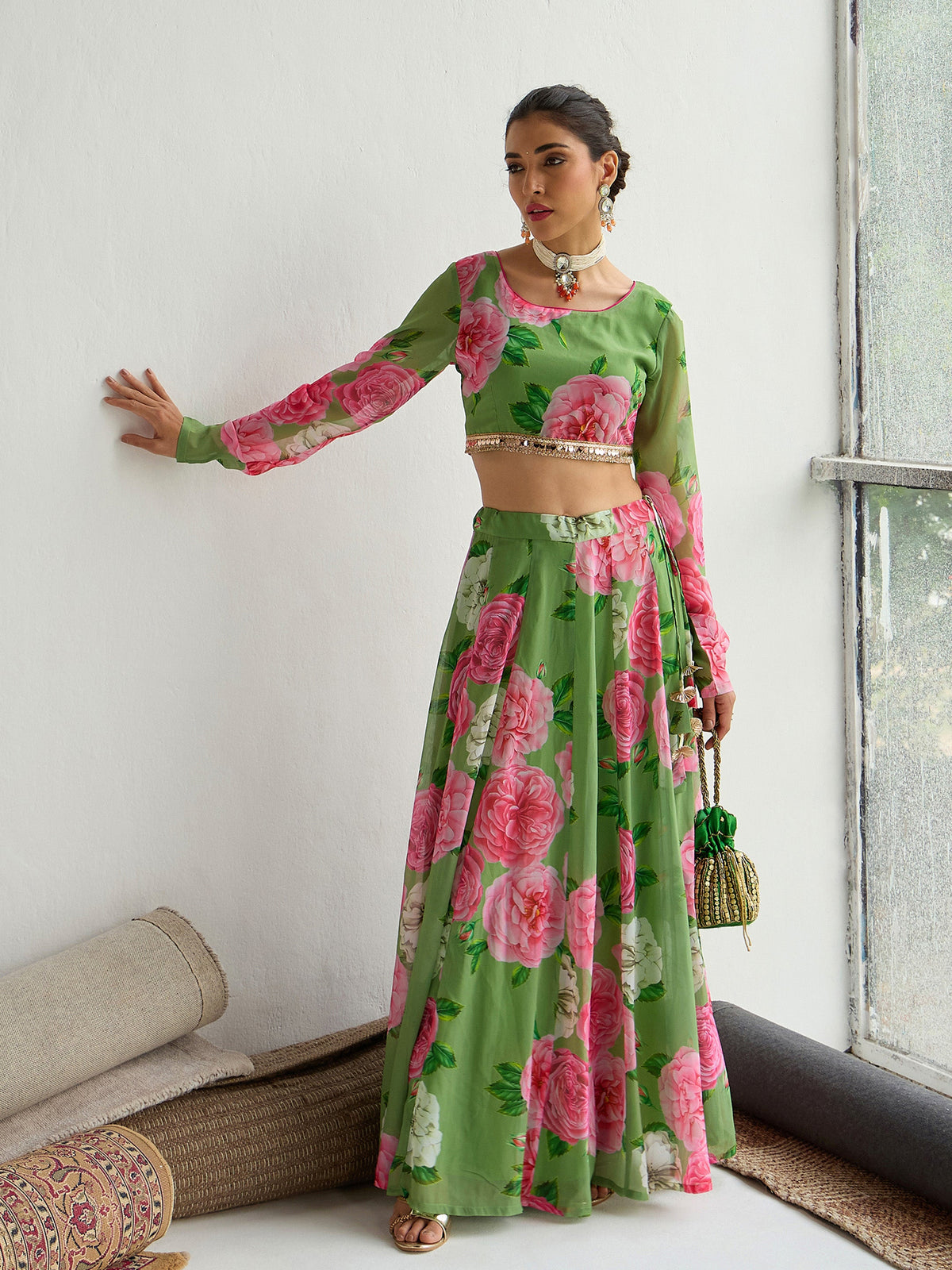 Green Floral Crop Top With Anarkali Skirt -Shae by SASSAFRAS