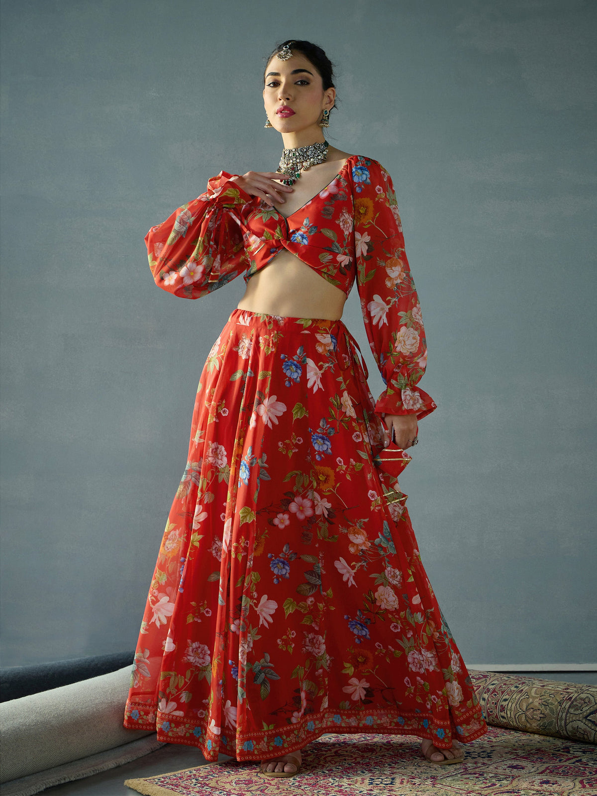 Red Floral Back Smocking Crop Top With Anarkali Skirt -Shae by SASSAFRAS