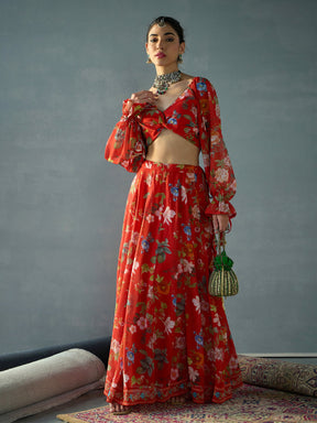 Red Floral Back Smocking Crop Top With Anarkali Skirt -Shae by SASSAFRAS