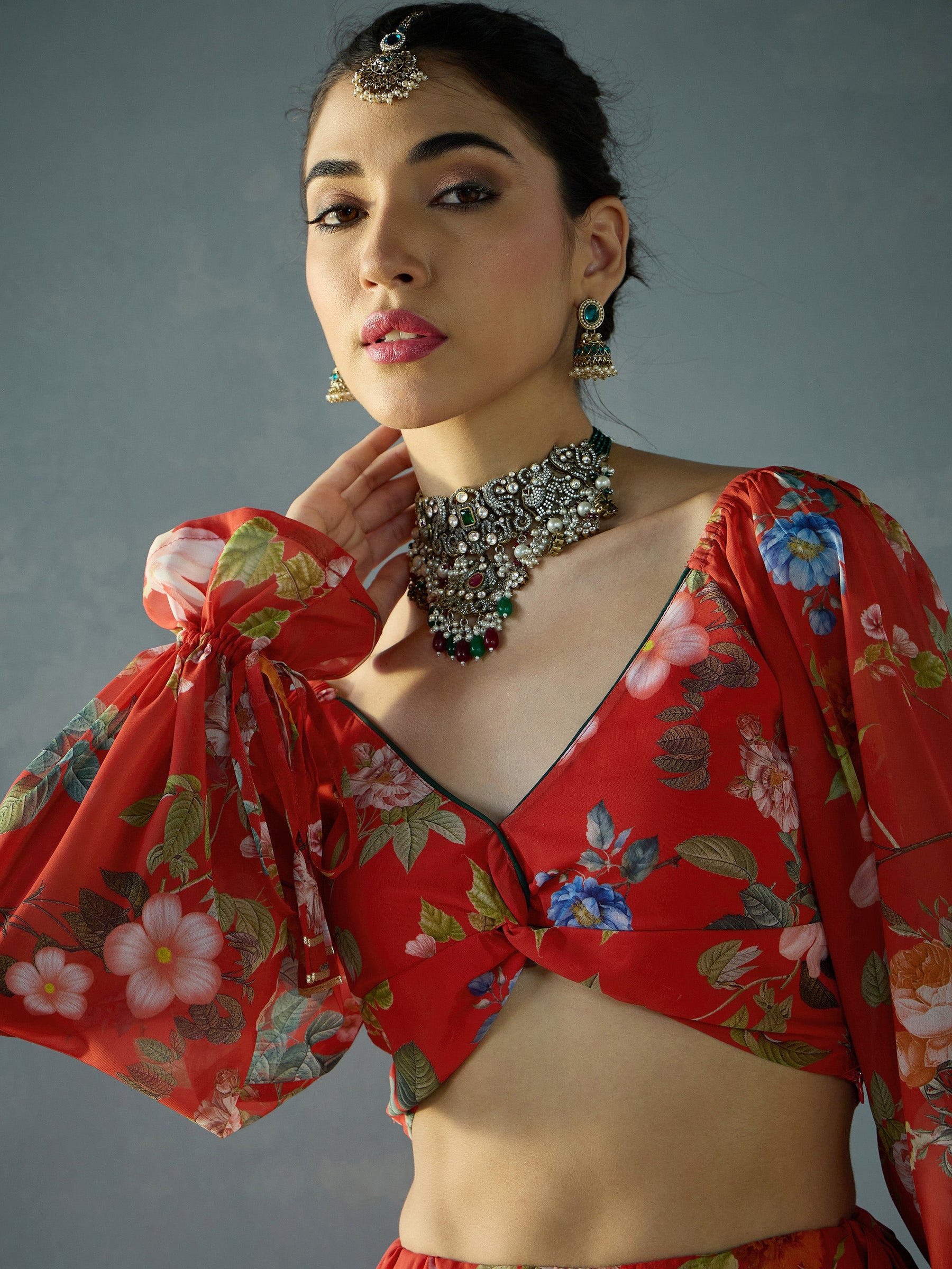 Red Floral Back Smocking Crop Top With Anarkali Skirt -Shae by SASSAFRAS