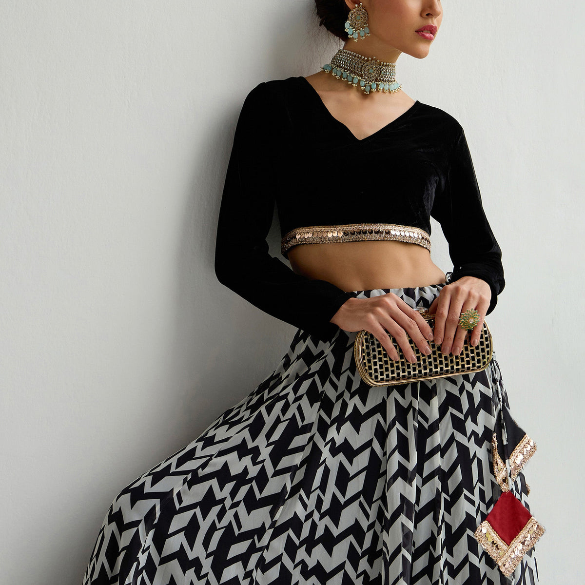 Women Black Velvet Crop Top With Anarkali Skirt