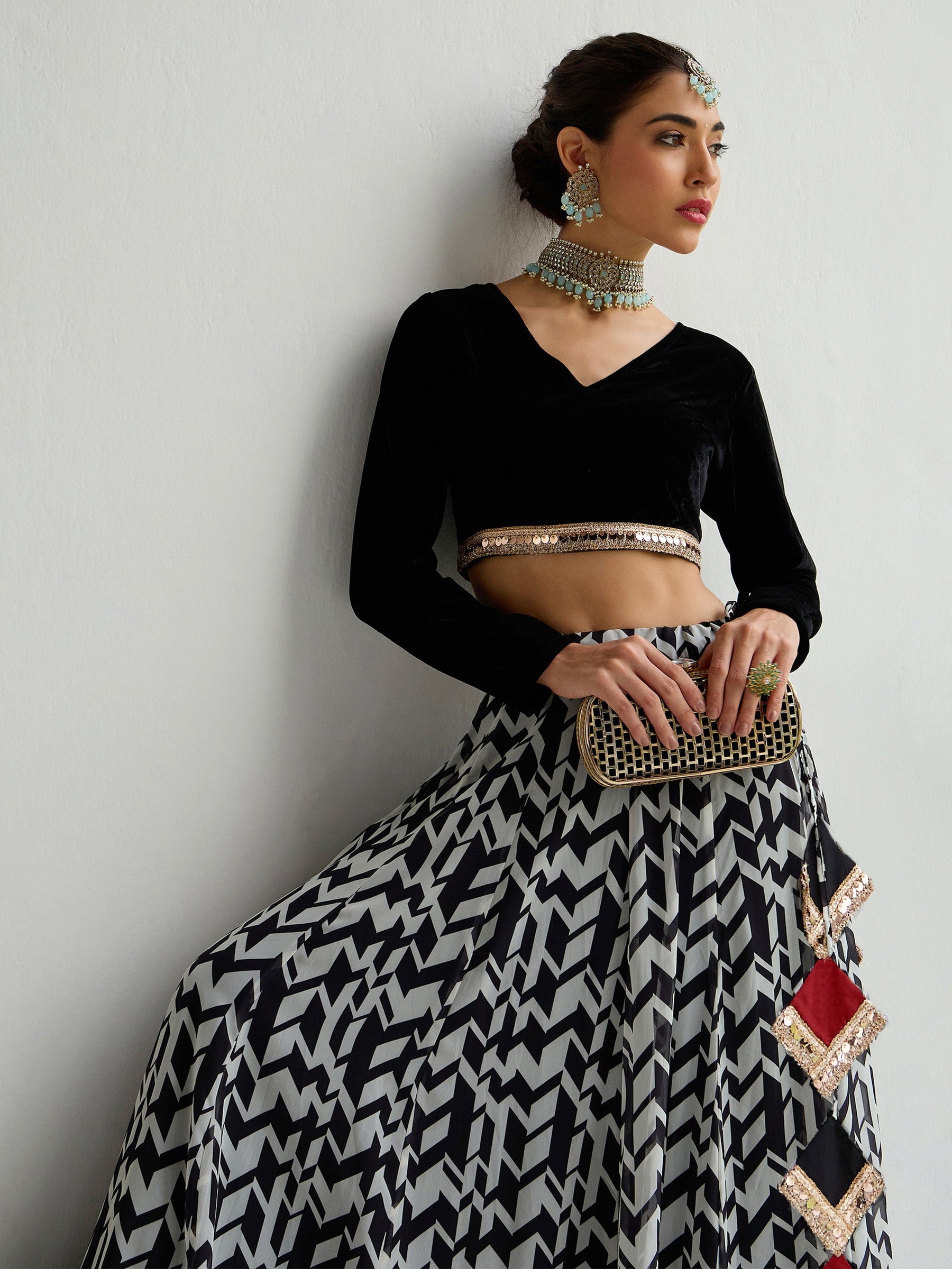 Black Velvet Crop Top With Anarkali Skirt-Shae by SASSAFRAS