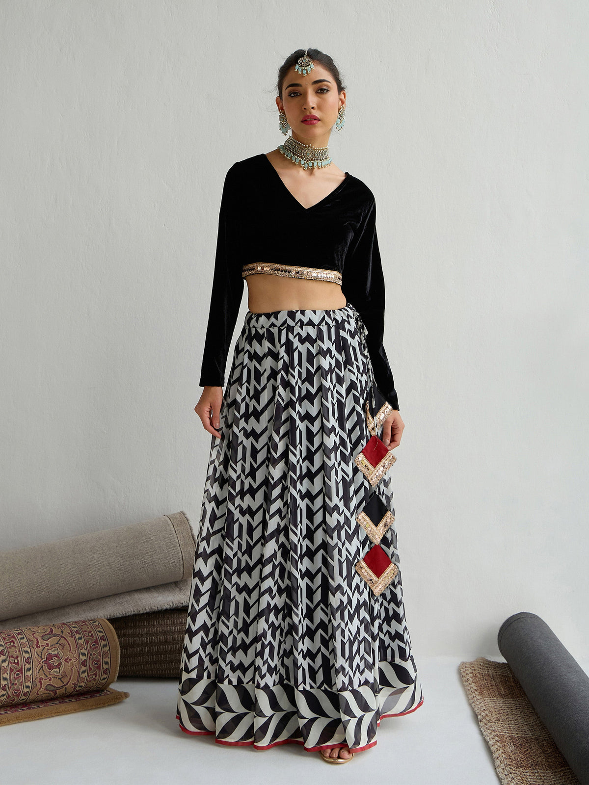 Black Velvet Crop Top With Anarkali Skirt-Shae by SASSAFRAS