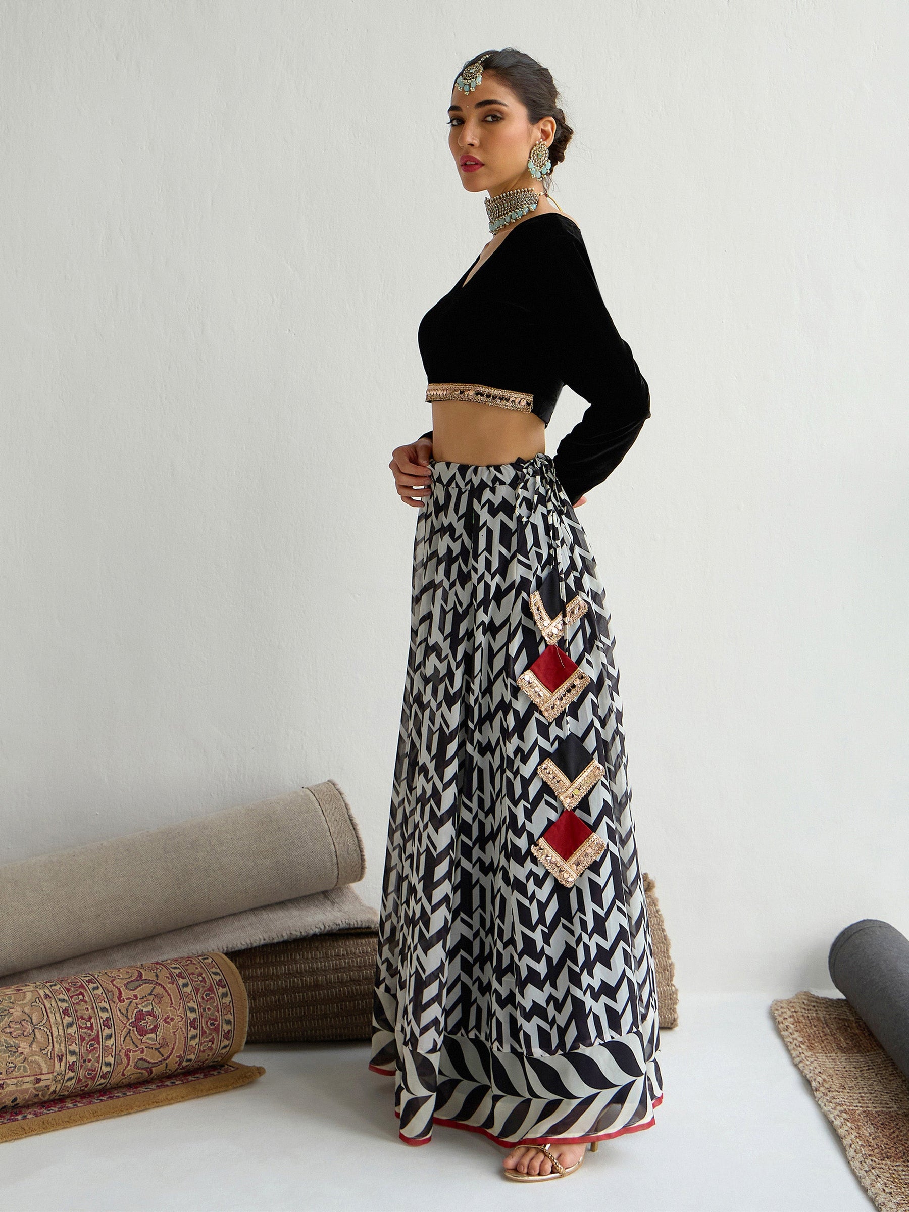 Black Velvet Crop Top With Anarkali Skirt-Shae by SASSAFRAS