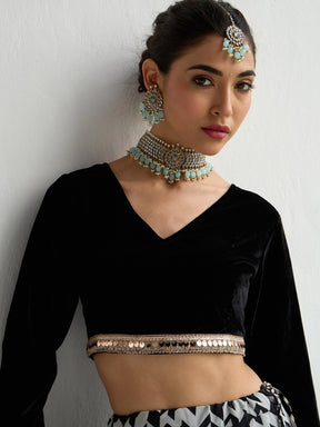 Black Velvet Crop Top With Anarkali Skirt-Shae by SASSAFRAS