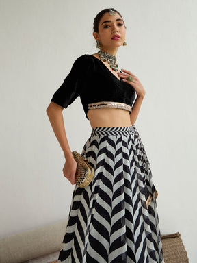 Black Velvet Short Sleeves Crop Top With Anarkali Skirt-Shae by SASSAFRAS