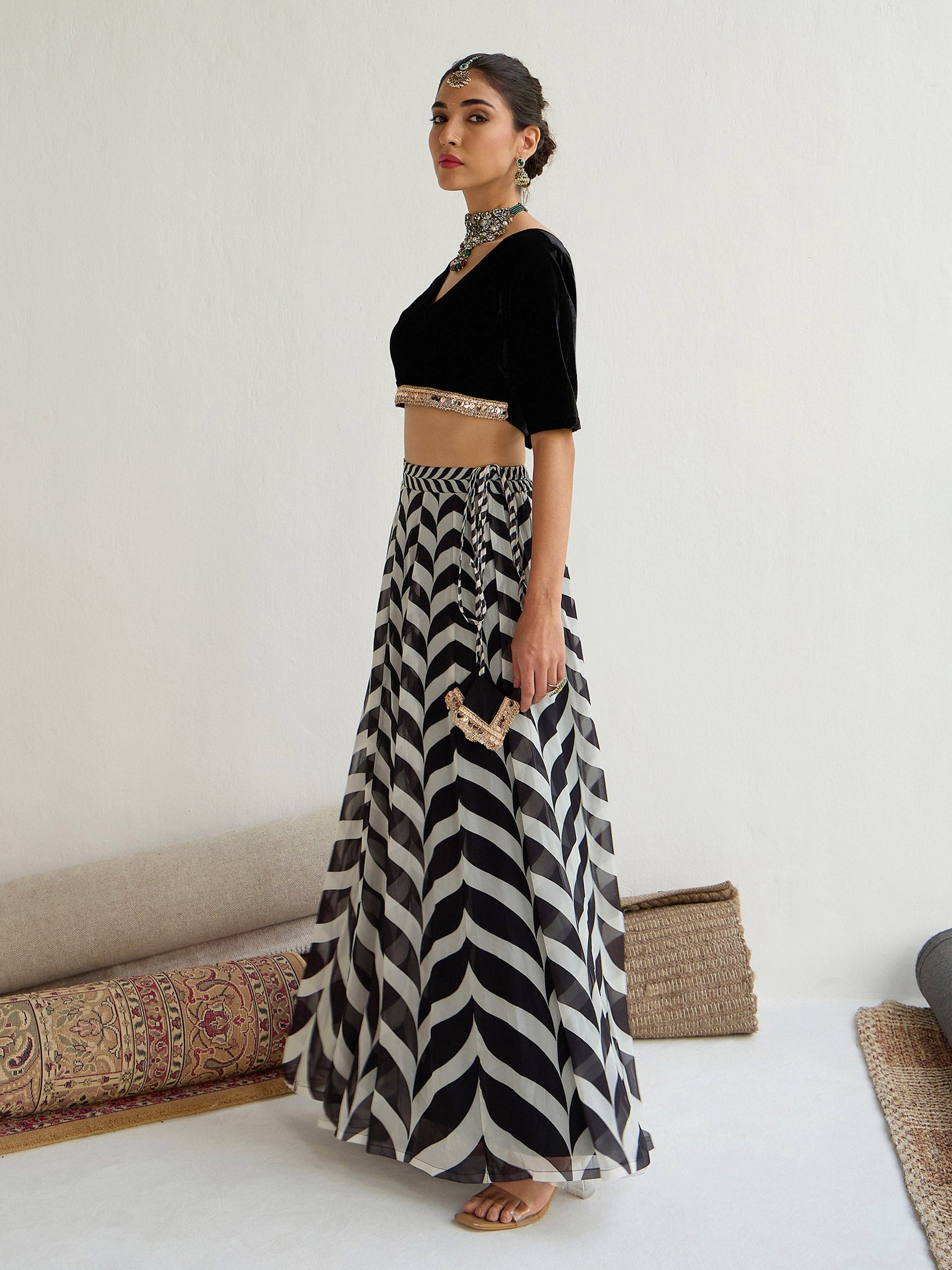 Black Velvet Short Sleeves Crop Top With Anarkali Skirt-Shae by SASSAFRAS