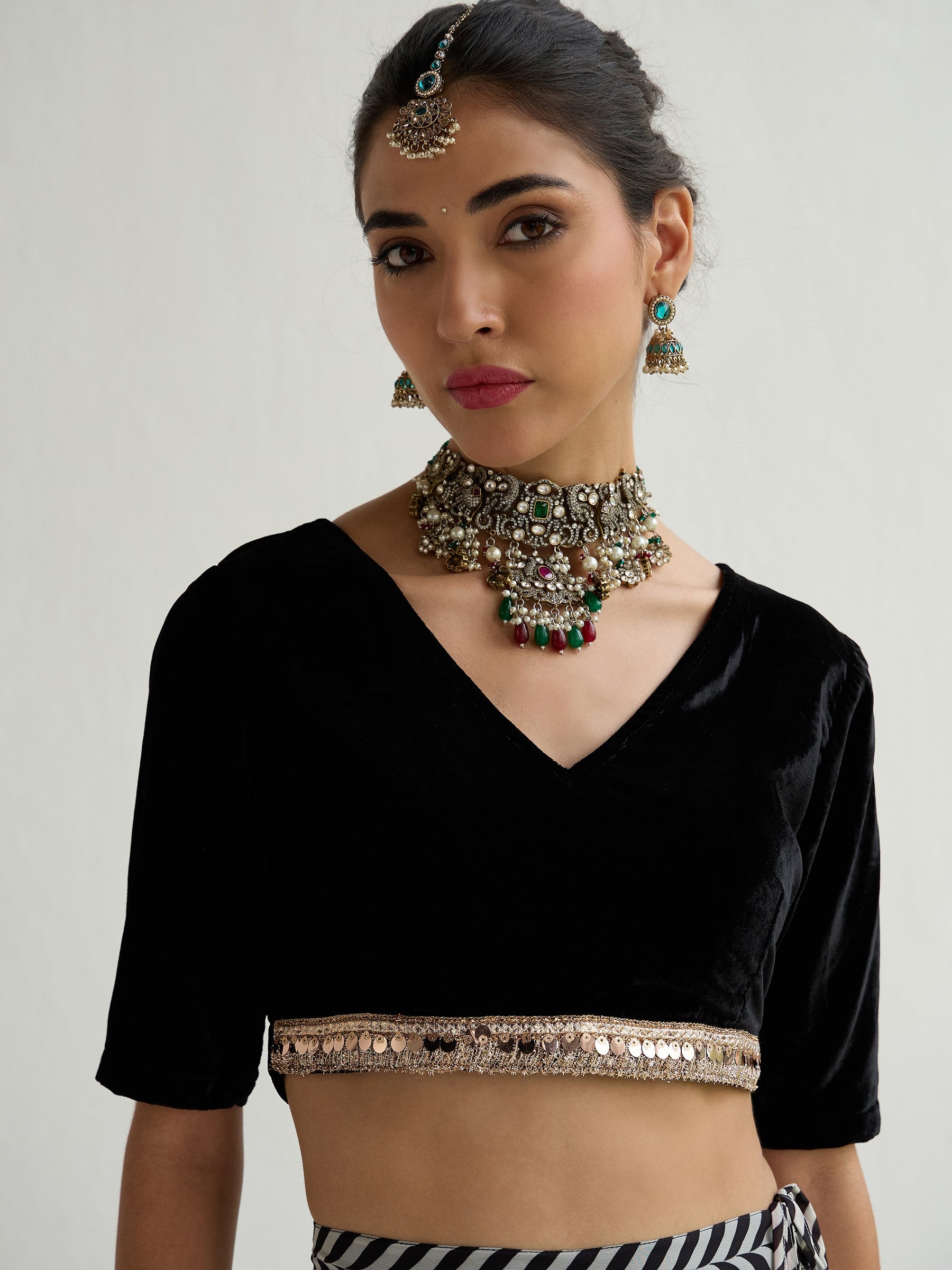 Black Velvet Short Sleeves Crop Top With Anarkali Skirt-Shae by SASSAFRAS