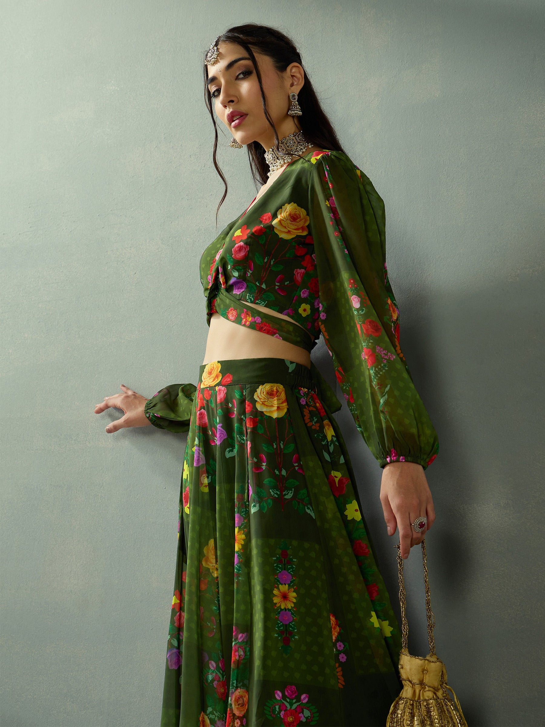 Green Floral Tie Knot Crop Top With Anarkali Skirt-Shae by SASSAFRAS