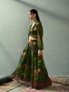 Green Floral Tie Knot Crop Top With Anarkali Skirt-Shae by SASSAFRAS