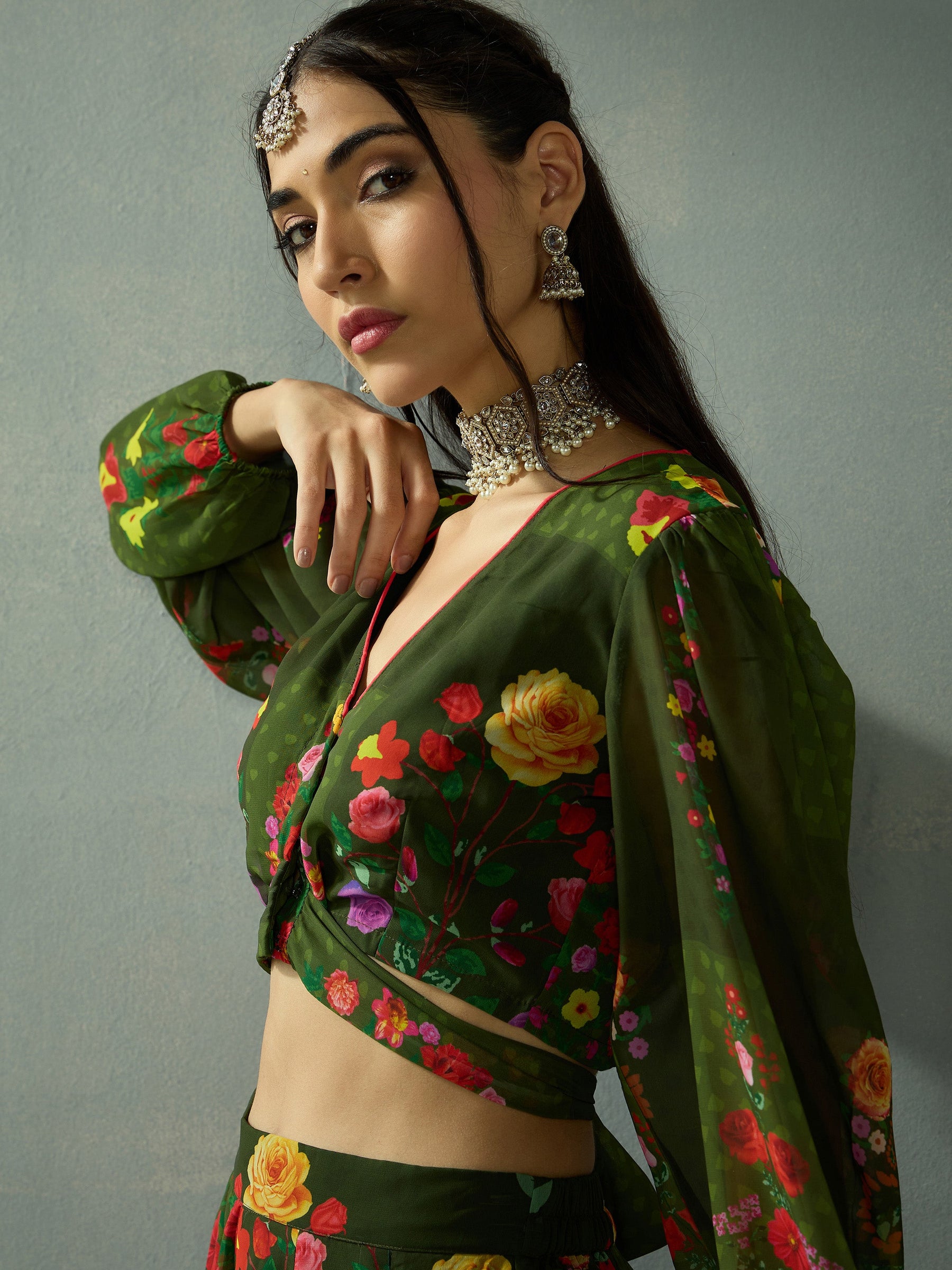 Green Floral Tie Knot Crop Top With Anarkali Skirt-Shae by SASSAFRAS