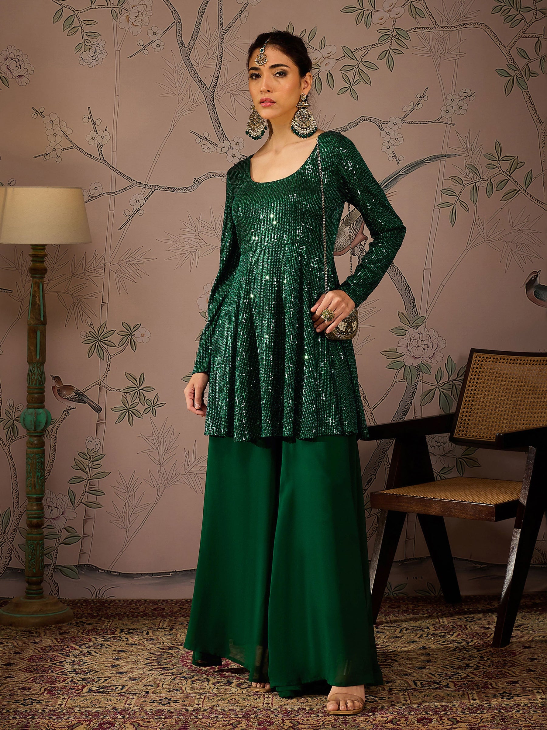 Emerald Green Sequins Peplum Top With Flared Pants -Shae by SASSAFRAS