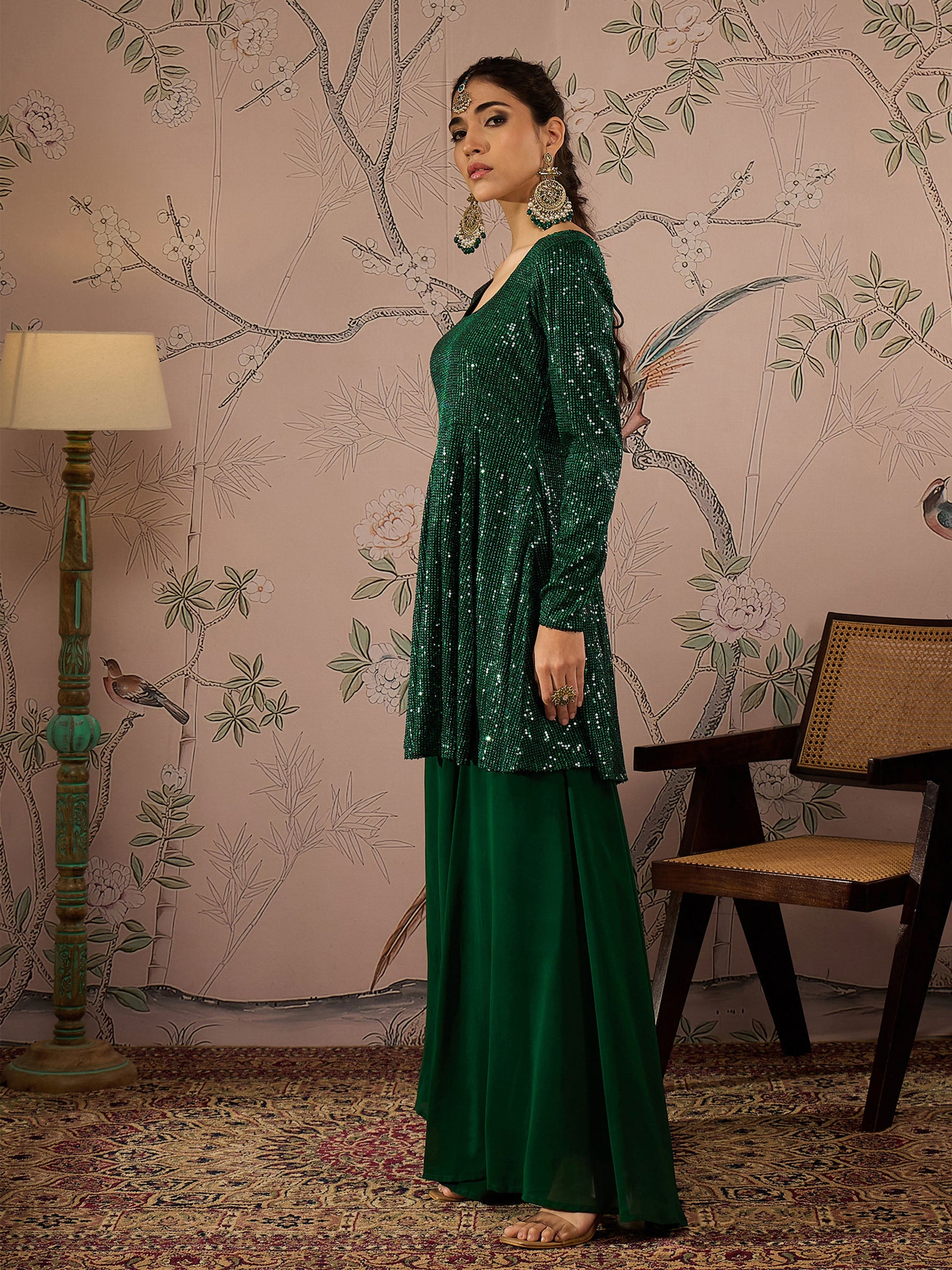 Emerald Green Sequins Peplum Top With Flared Pants -Shae by SASSAFRAS