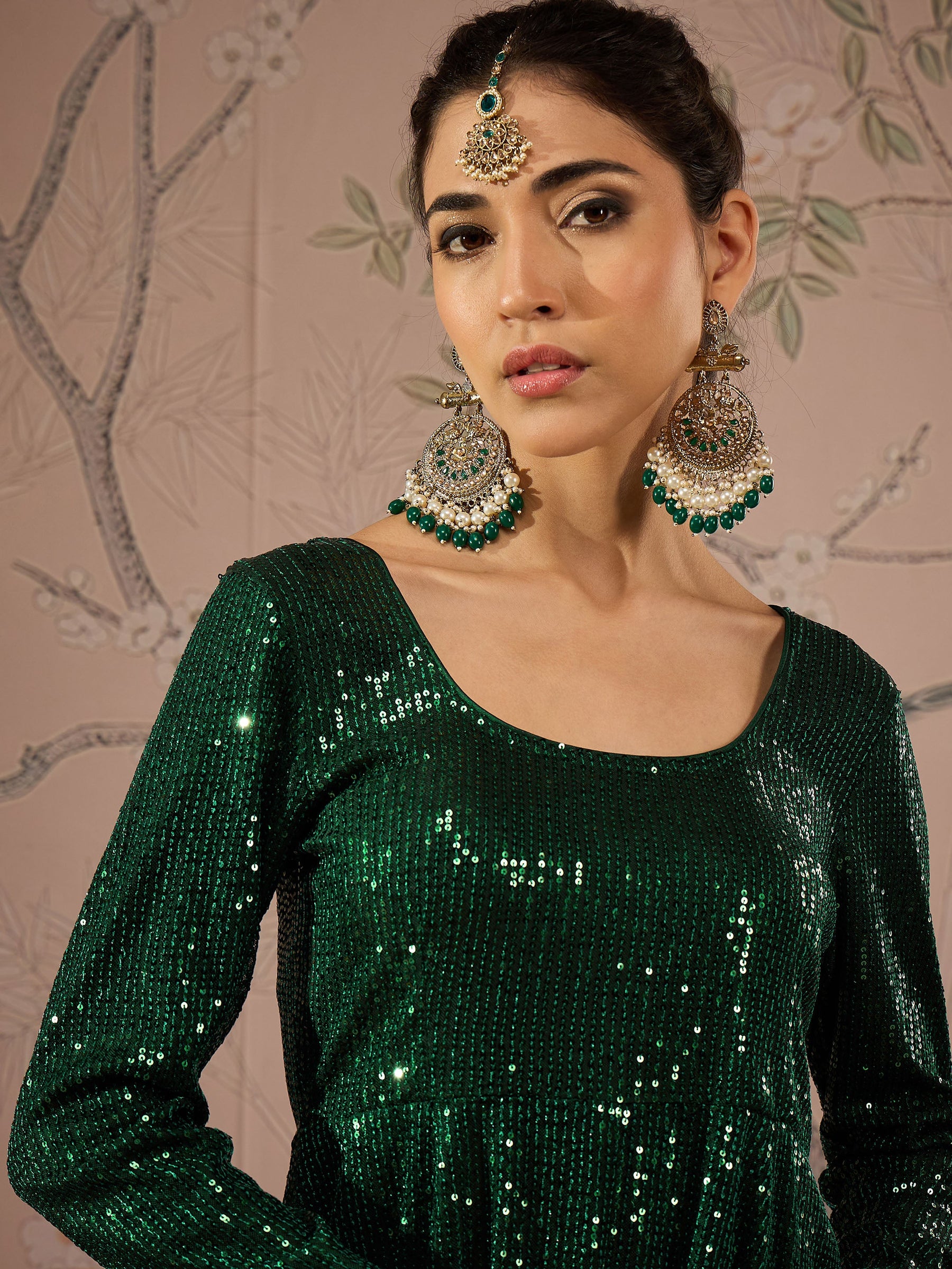 Emerald Green Sequins Peplum Top With Flared Pants -Shae by SASSAFRAS