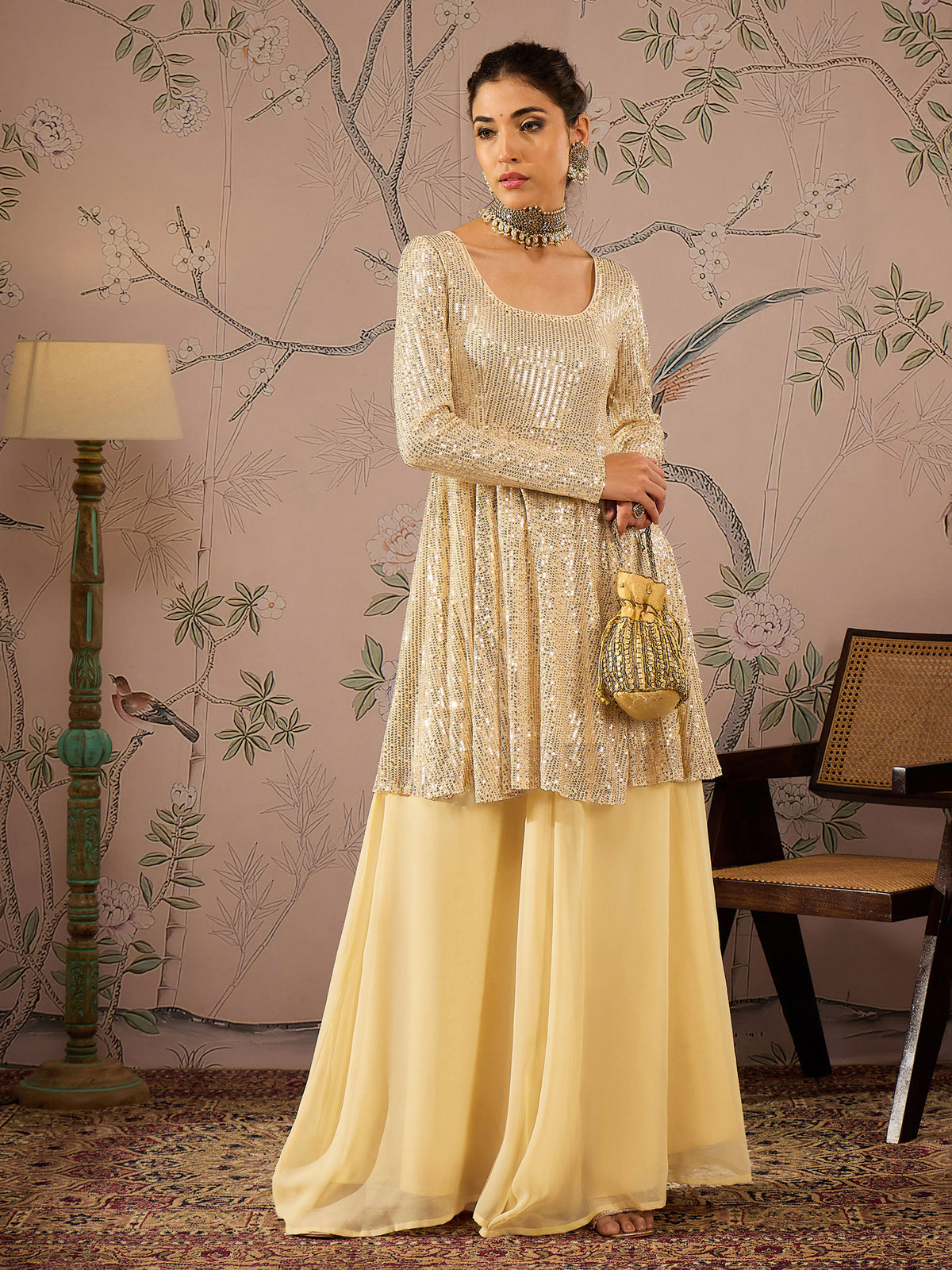 Women Gold Sequins Peplum Top With Flared Pants