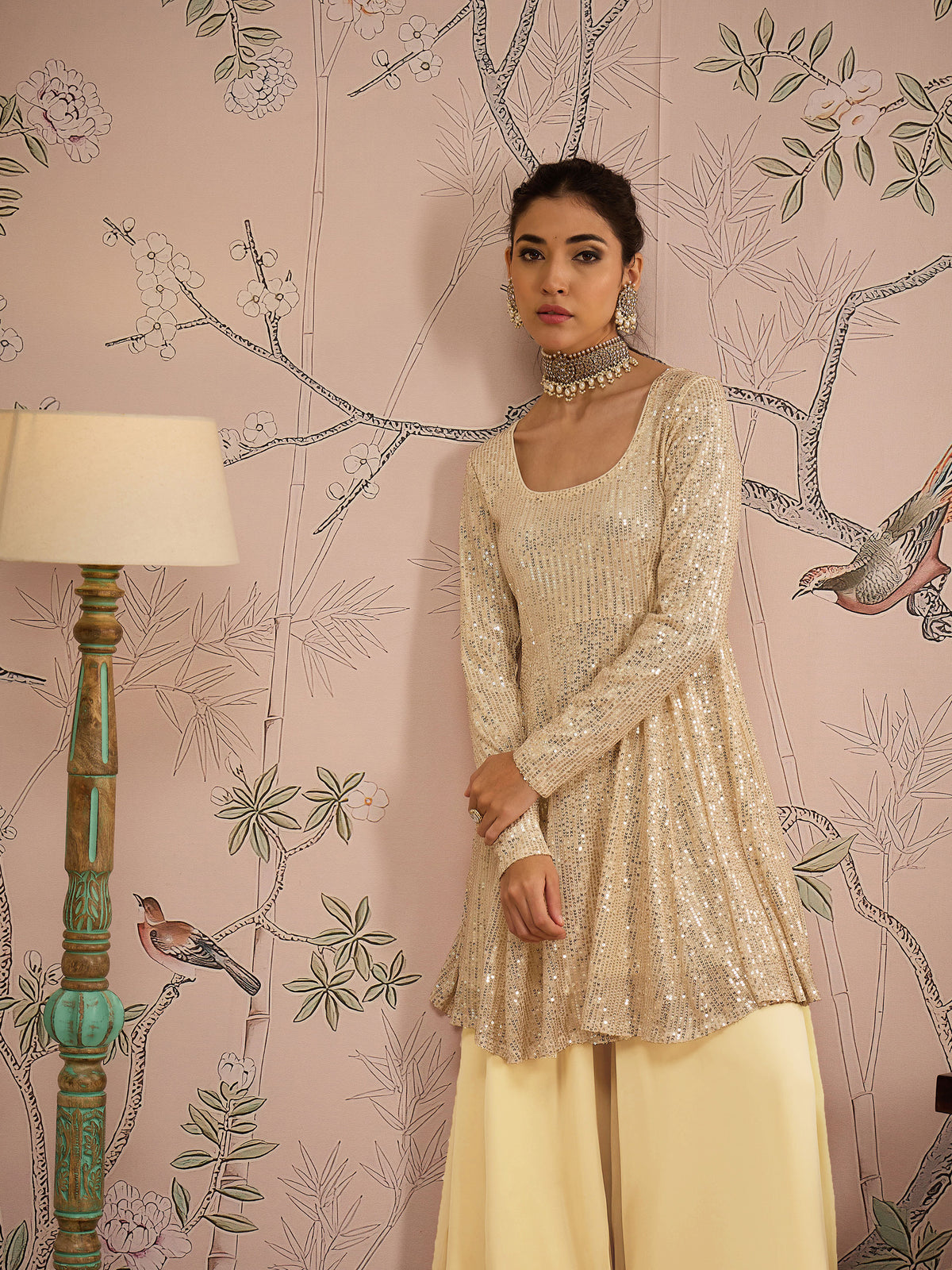 Women Gold Sequins Peplum Top With Flared Pants