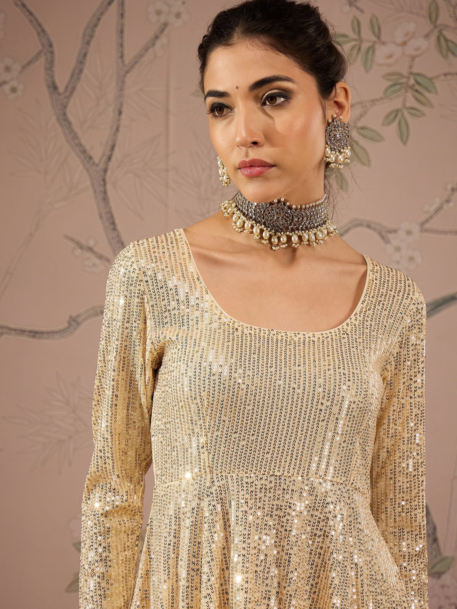 Gold Sequins Peplum Top With Flared Pants -Shae by SASSAFRAS