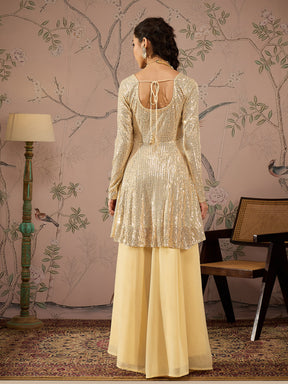 Women Gold Sequins Peplum Top With Flared Pants