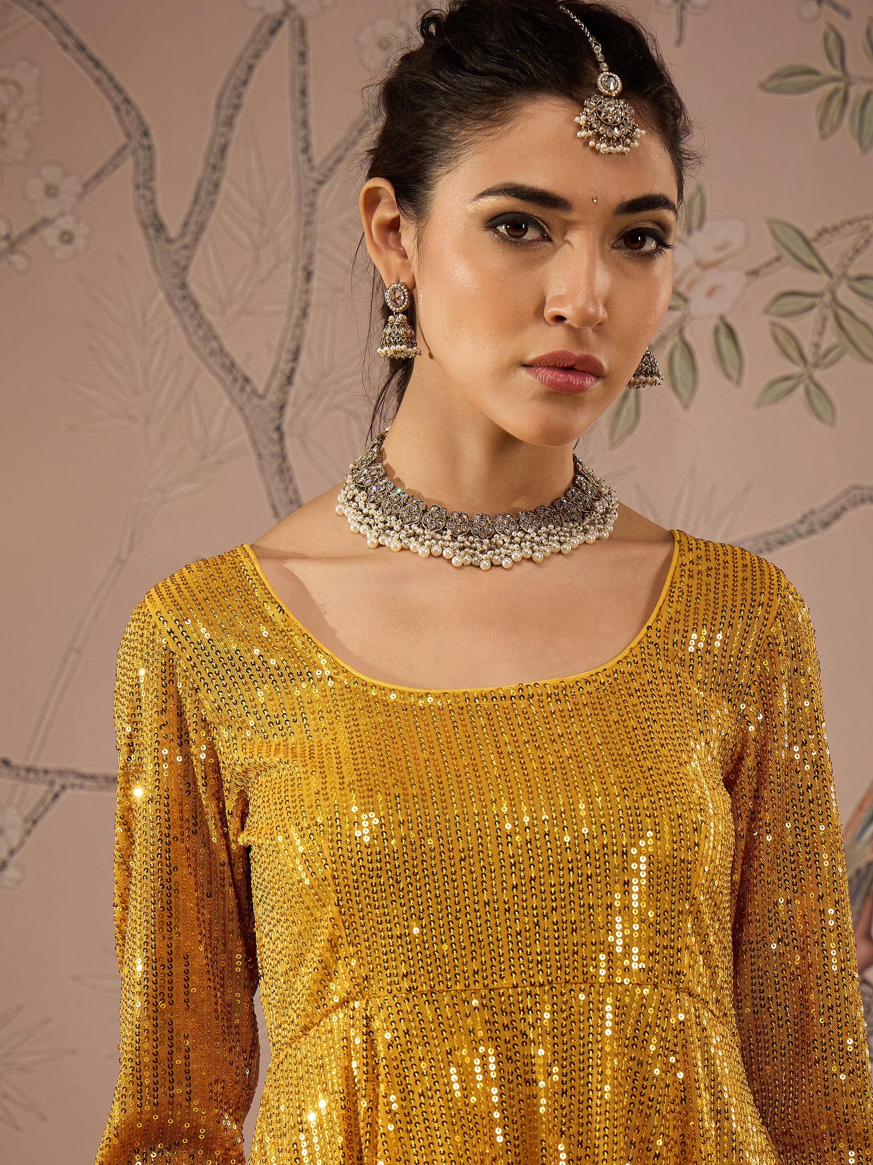 Yellow Sequins Peplum Top with Flared Pants -Shae by SASSAFRAS