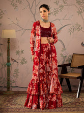 Maroon Sequins Crop Top With Floral Sharara And Shrug-Shae by SASSAFRAS