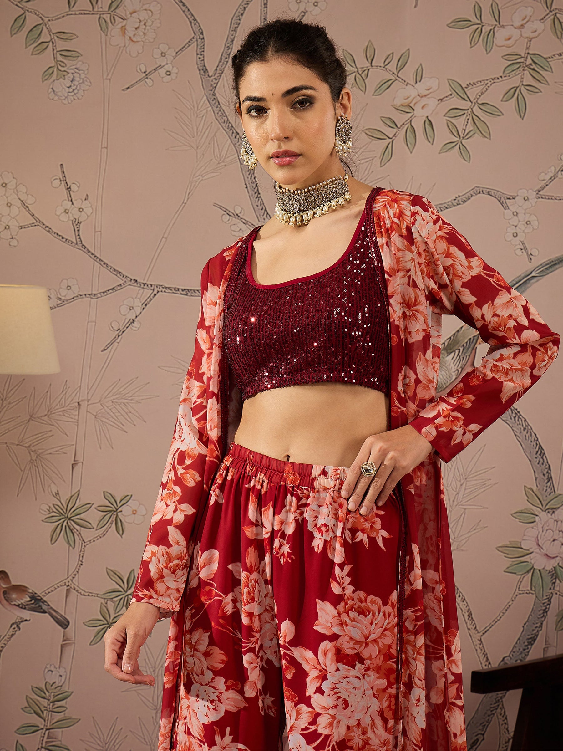 Maroon Sequins Crop Top With Floral Sharara And Shrug-Shae by SASSAFRAS