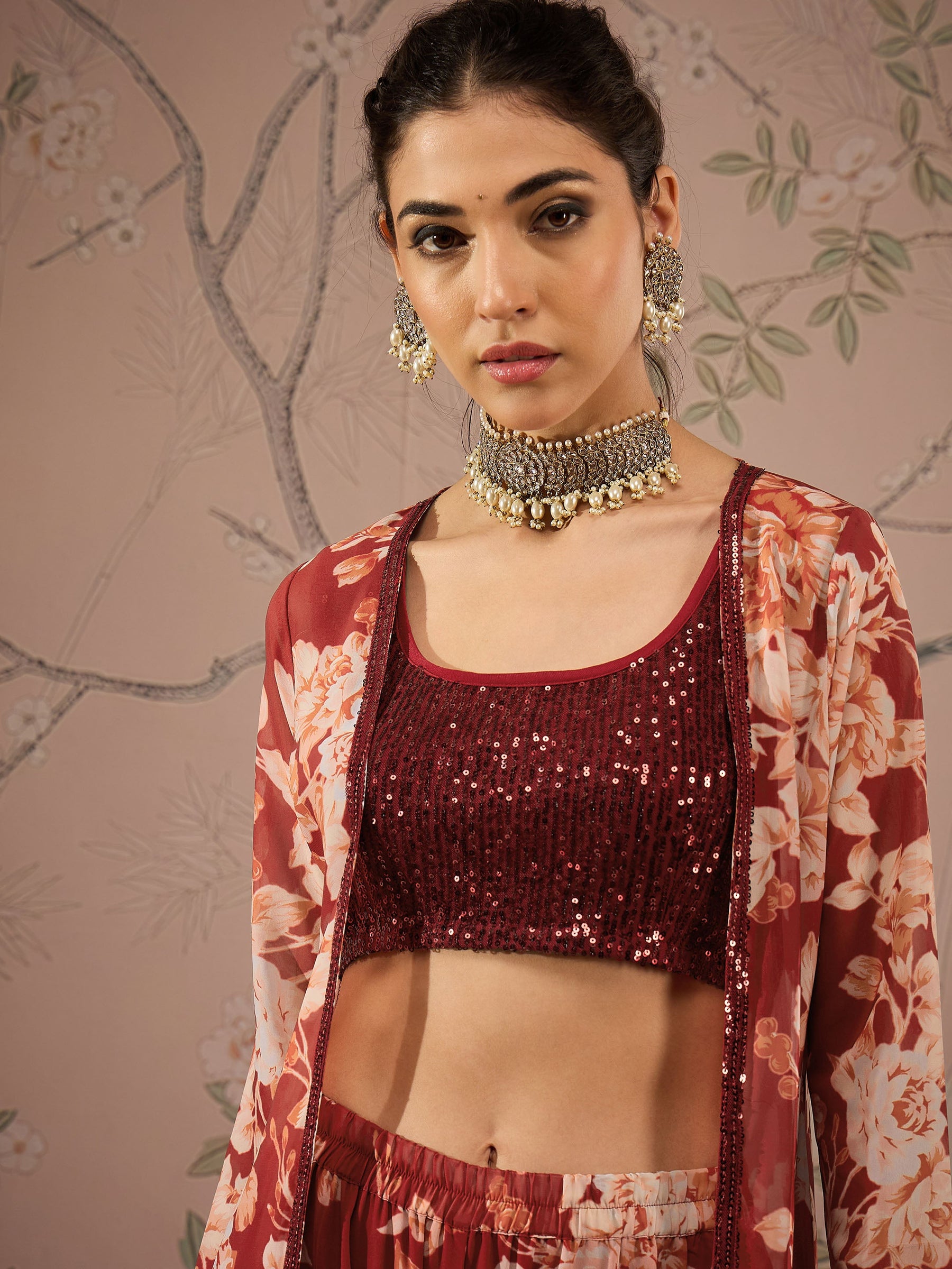 Maroon Sequins Crop Top With Floral Sharara And Shrug-Shae by SASSAFRAS