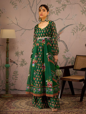 Green Floral Sweetheart Neck Anarkali Kurta With Pants-Shae by SASSAFRAS