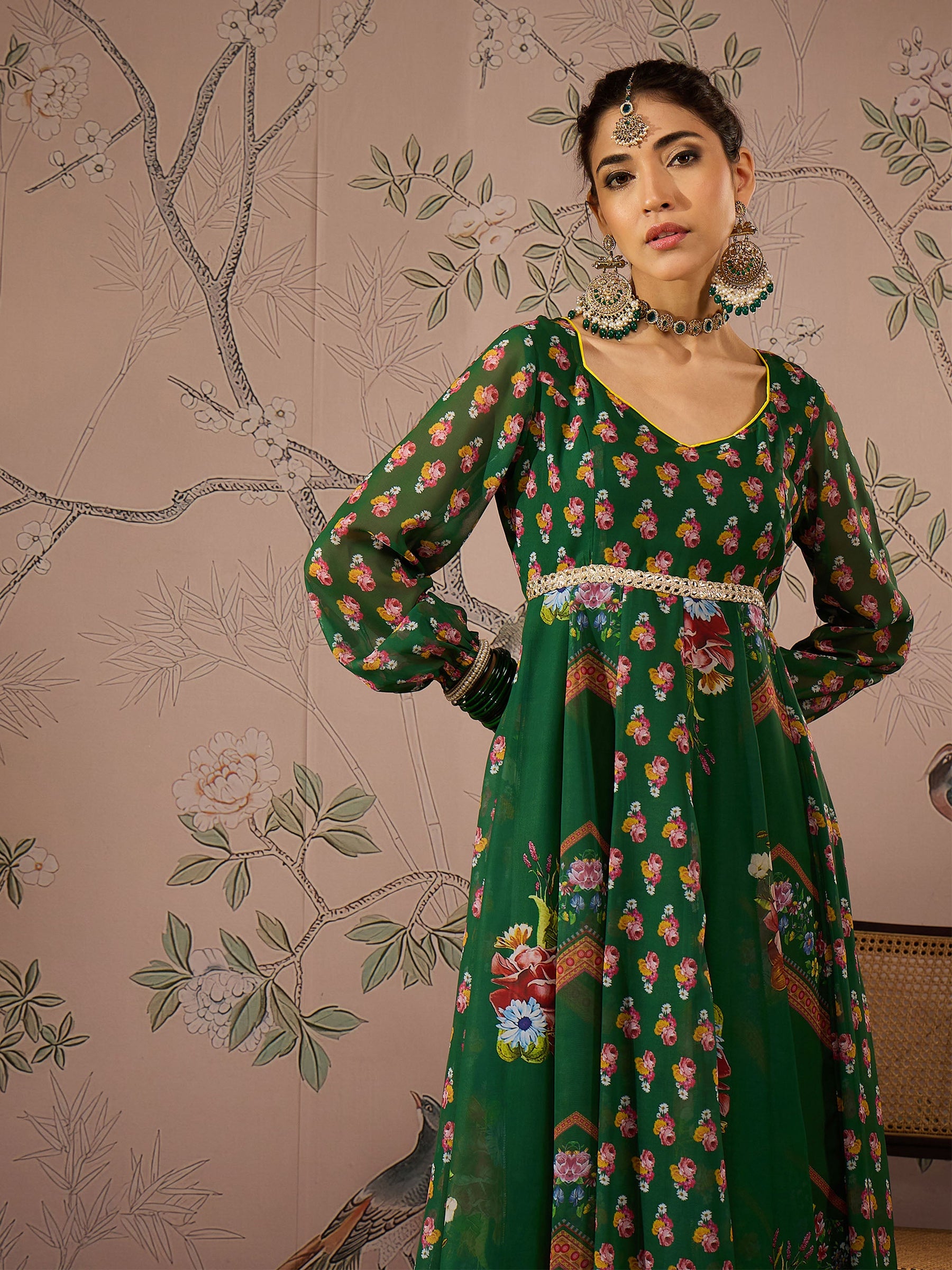 Green Floral Sweetheart Neck Anarkali Kurta With Pants-Shae by SASSAFRAS