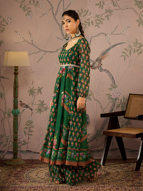 Green Floral Sweetheart Neck Anarkali Kurta With Pants-Shae by SASSAFRAS