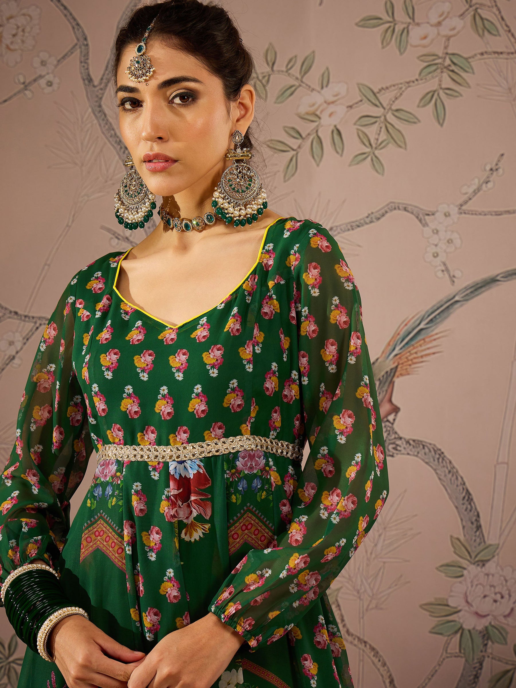 Green Floral Sweetheart Neck Anarkali Kurta With Pants-Shae by SASSAFRAS