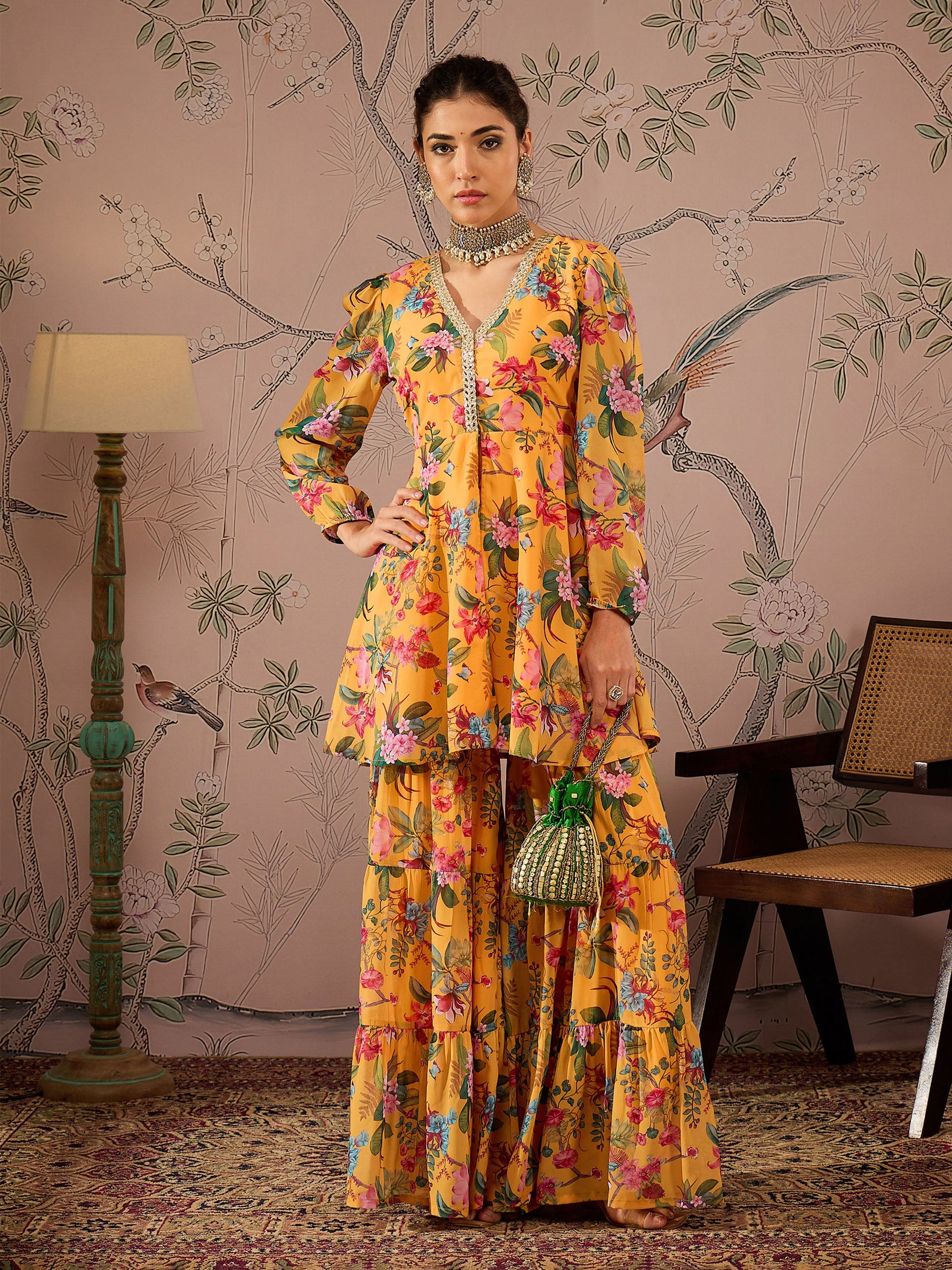 Yellow Floral Peplum Top With Sharara Pants -Shae by SASSAFRAS