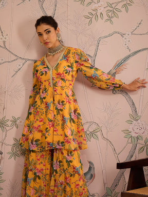 Yellow Floral Peplum Top With Sharara Pants -Shae by SASSAFRAS