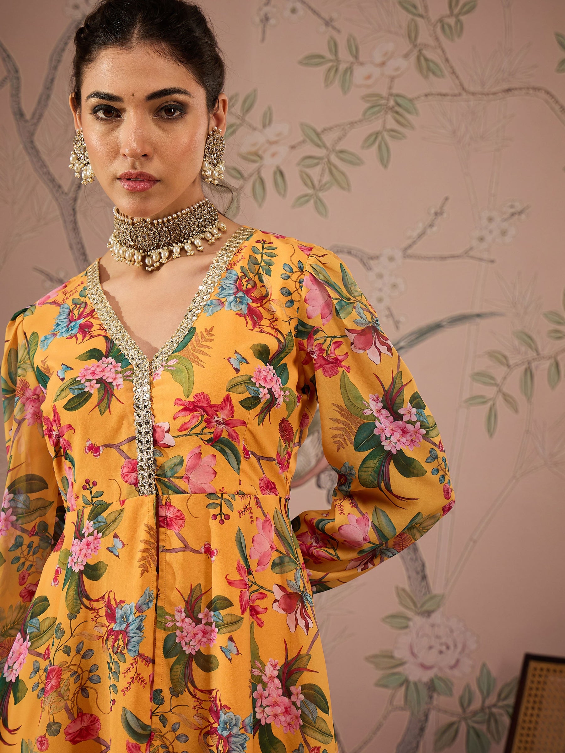 Yellow Floral Peplum Top With Sharara Pants -Shae by SASSAFRAS